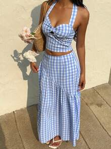 Sunnyshic Set elegante da donna composto da una camicetta allacciata a quadri e una gonna ampia