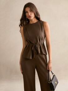 SHEIN Tall Women's Summer Elegant Dark Brown Office Two Pieces Set,Business Casual Solid Asymmetric Hem Vest Suit Pants,Old Money Style Fairy Teacher Outfit, Tall Women - Brown - View 7