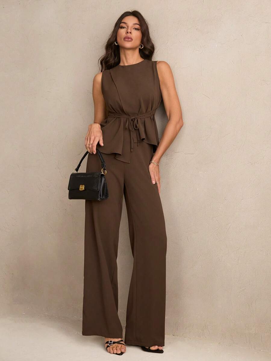 SHEIN Tall Women's Summer Elegant Dark Brown Office Two Pieces Set,Business Casual Solid Asymmetric Hem Vest Suit Pants,Old Money Style Fairy Teacher Outfit, Tall Women - Brown - View 1