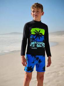 SHEIN Tween Boy Tropical Leaves Print Long Sleeve 2pcs Swimsuit Set - Rash Guard & Shorts - Multicolor - View 1