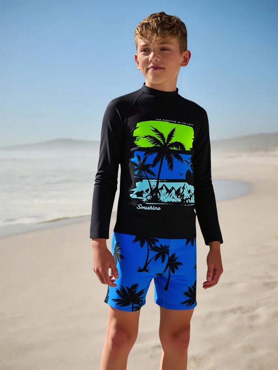 SHEIN Tween Boy Tropical Leaves Print Long Sleeve 2pcs Swimsuit Set - Rash Guard & Shorts - Multicolor - View 1