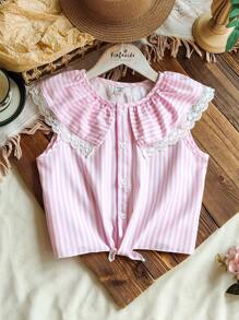 SHEIN Tween Girls Spring Casual Blue And White Striped Loose Fit Sleeveless Round Neck Shirt, Versatile Wear For Outdoor And Indoor - Hot Pink - View 2