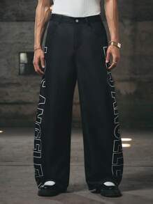 Manfinity VCAY Letter Graphic Street Style Wide Leg Pants For Men - Black - View 1