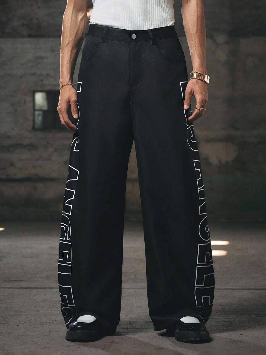 Manfinity VCAY Letter Graphic Street Style Wide Leg Pants For Men - Black - View 1