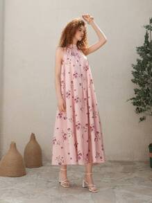 SHEIN MOD Abito da donna con stampa floreale rosa, schiena scoperta e lacci, stile romantico, da vacanza. Abito da donna per primavera ed estate, stile bohémien, da spiaggia, western, vacanza, casual, festa, tea festa, vintage, Pasqua, laurea, ampio, da tea festa - Rosa - Visualizzare 4
