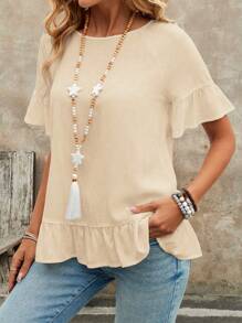 EMERY ROSE Plus Size Women Solid Color Raglan Sleeve With Ruffle Hem Casual Blouse - Apricot - View 3