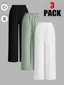 SHEIN Essnce 3条装夏季裤子女士纯色腰系带阔腿宽松休闲裤 - 薄荷綠 - 查看 2