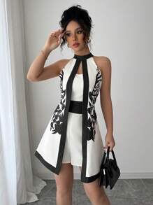Elenzga Eleganter Neckholder-Romper mit Farbblockbesatz und Print für Damen, Sommer