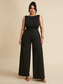 SHEIN BAE 夏季海滩度假大码服装节日服装派对聚会、约会旅行、外出、音乐节服装、演唱会服装、乡村音乐节服装，纯黑色优雅性感露背系带蝴蝶结无袖超阔腿连体裤，适合日常穿着、约会、派对、聚会、外出、不对称阔腿连体裤、情人节连体裤、休闲连体裤、优雅连体裤 - 黑色 - 查看 4