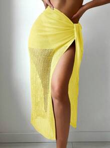 Swim Vcay Women's Openwork Knitted Cover Up & Skirt Set, Suitable For Summer Vacation - Yellow - View 1