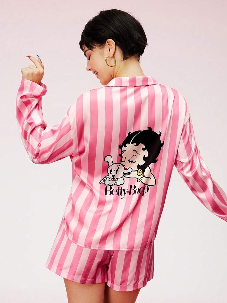 Betty Boop X LUVLETTE Satin Button-Up Top & Shorts Loungewear Pajama Set