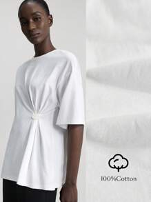 Ontre 2025 New Style Women Short Sleeve T-Shirt, Slit Design, Waist Ruched, Shell Button Decor, Casual Everyday Wear, White