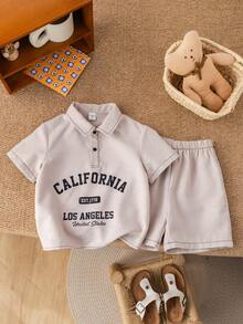 SHEIN 2pcs/Set Young Boys Casual College Style Letter Print Half-Zip Short Sleeve Shirt And Shorts Set,Comfortable Soft Fashion Summer School Outfits - Khaki - View 3