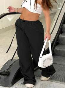 SHEIN EZwear Plus Size Casual Straight Leg Cargo Pants, Suitable For Summer - Black - View 7