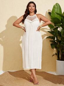 Swim Vcay Women's Plus Size Solid Color Hand Crocheted Hollow Out Sexy Slim Fit Side Slit Thin Beach Cover Up Maxi Dress For Summer Beach Vacation
