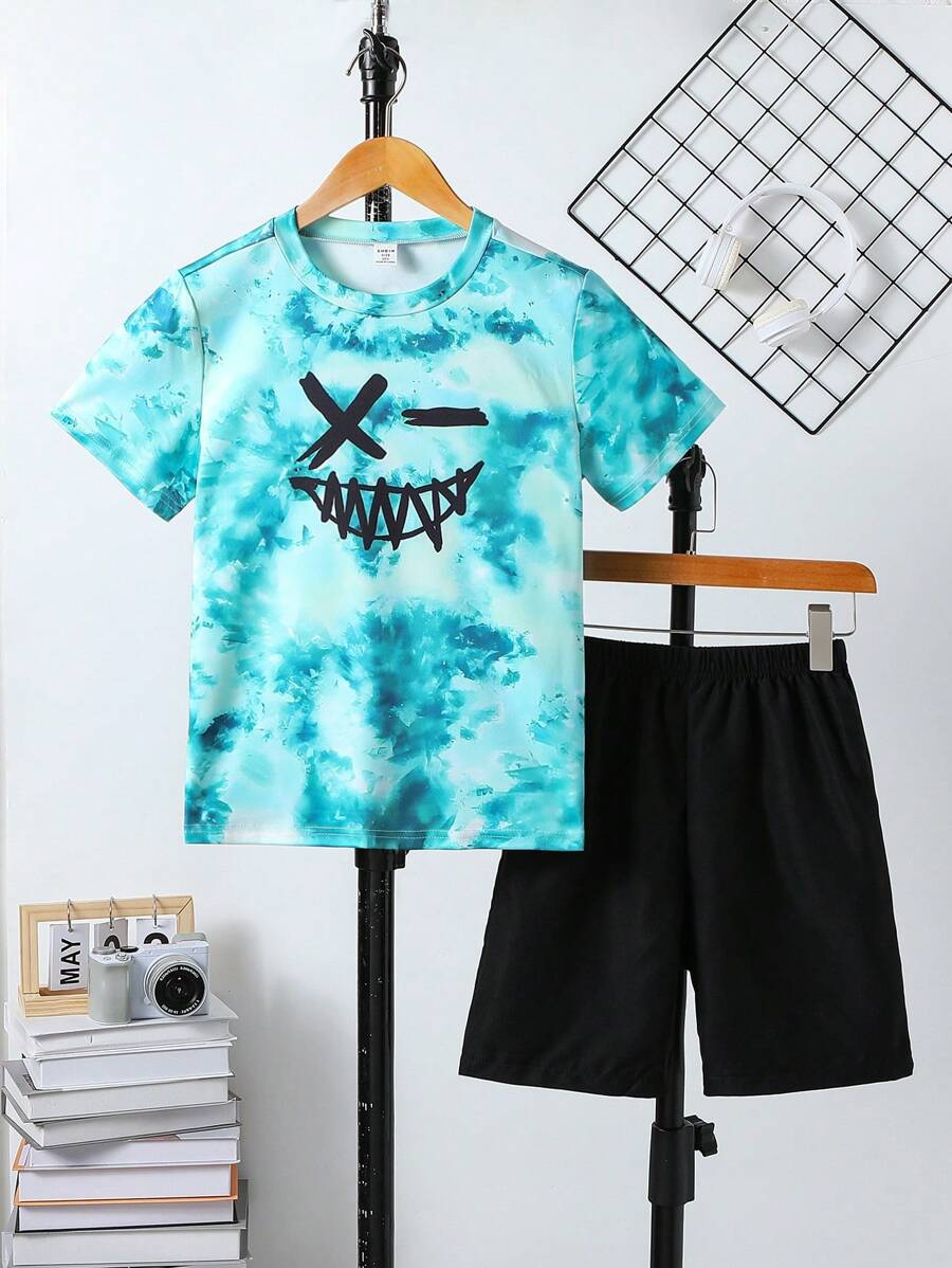 Tween Boys' Fashion Tie-Dye Print Smiling Face Crew Neck T-Shirt With Black Woven Shorts Set, Suitable For Outdoor Sports & Holiday In Summer - Green - View 1