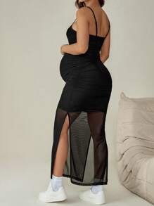 SHEIN Abito a sottoveste aderente a spacco laterale con trama in rete, color tinta unita, per donne in gravidanza