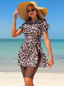 Swim Shayni Mulvani Print 2 Pieces Burkini Swimwear Set - Top With All-Over Print And Solid Color Cycling Shorts For Summer Beach Vacation