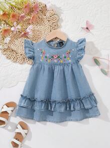 Baby Girl Ditsy Floral Embroidered Details Cap Sleeve Loose Denim Dress With High Ruffle Hem, Spring Countryside Style - Light Wash - View 1