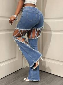 BamGleam 女士蓝色牛仔喇叭牛仔裤，新款时尚独特设计镂空修身休闲裤夏季 - 藍色 - 查看 2