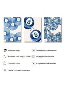 3 件套无框蓝色幸运台球迪斯科球黑胶唱片复古海报极简主义学院风艺术美学帆布画印刷时髦墙壁画适用于客厅、卧室、宿舍、公寓、起居室、现代家居装饰 - 彩色 - 查看 10