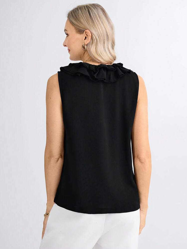 Women's Elegant Black Woven Fabric Tank Top With Ruffle Tie Neck Detail