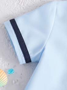 Souflis Souflis 2-Pc Baby Boy Navy Patchwork Lapel Short Sleeve Shirt & Shorts Set, Suitable For Summer, 6M-3Y Boys Toddler Outfit Sets Boy Baby Clothes Baby Boys Sets Boys Outfit Sets Boy Clothes For Kids Baby Boys Sets - Blue - View 5