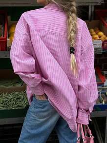 INAWLY Women's Button Front Striped Long Sleeve Blouse, Casual Daily Wear - Red Violet - View 2