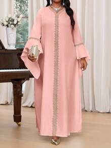 Fleurora 春夏秋冬优雅通勤办公室白色针织 V 领舞会礼服荷叶边带 A 字裙长袖长袍阿拉伯连衣裙大码连衣裙优雅女装高档服装女士夏季服装女士春节服装朴素连衣裙长袍 - 粉色 - 查看 8