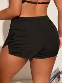 Swim Lushoire Plus Size Women Ruffle Trim Side Slit Striped Fabric Fitted Board Shorts Bottoms For Swimsuit, Black, Suitable For Beach, Holiday, Minimalist For Summer Beach Vacation - Black - View 3