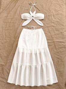 Soleia Women 2pcs Backless Halter Top And Skirt Set - White - View 4