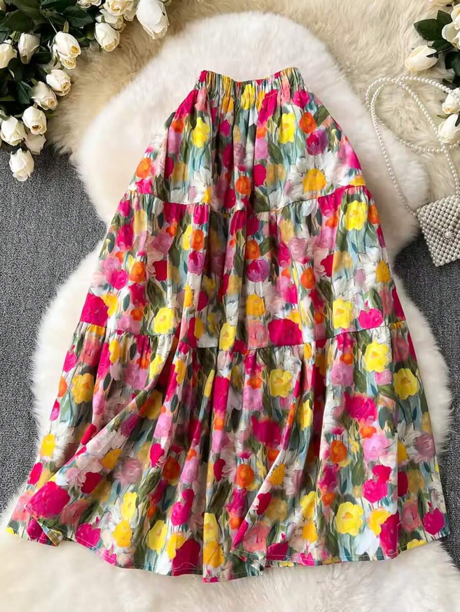 SHEIN VCAY Women's Oil Painting Floral Garden Print Elegant A-Line Skirt