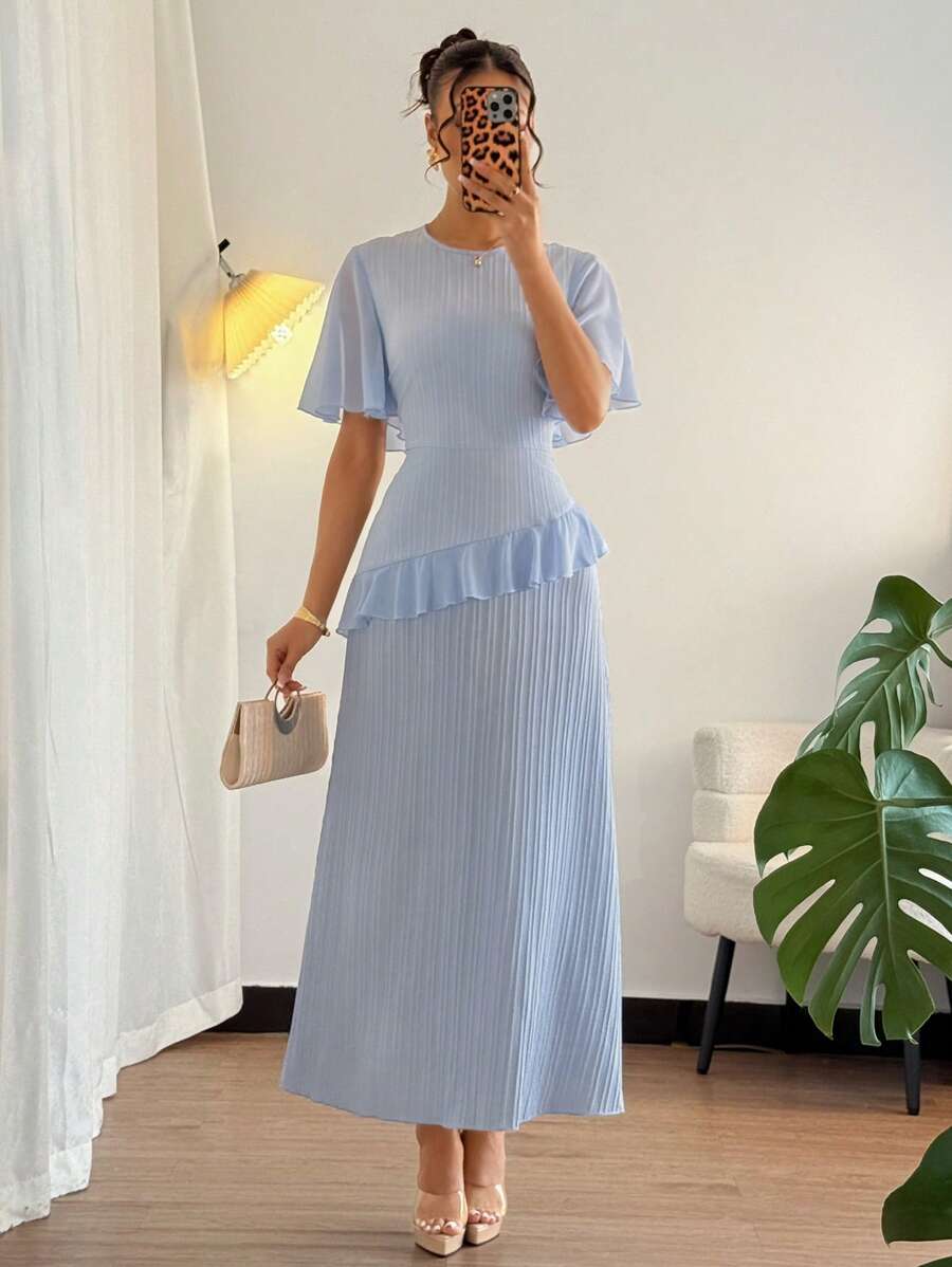 Elenzga Nuevo vestido elegante y sofisticado para mujer con cuello redondo, manga con volantes de tela de gasa y cintura ceñida, ideal para vacaciones, ocasiones casuales y citas - Azul - Ver 1