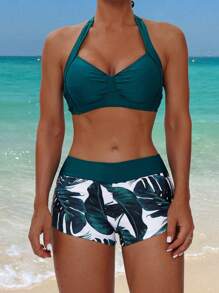 Swim Lushoire Women Solid Color Halter Swimsuit & Swim Shorts Set, Fashion For Summer
