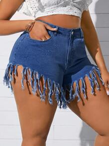 SHEIN SXY Plus Size Denim Shorts With Tassel Trim, Fashionable For Summer - Blue - View 5