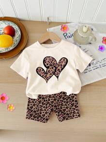 SHEIN 2pcs/Set Young Girls Casual Loose Fit Heart & Leopard Print Short Sleeve T-Shirt And Shorts Outfit Set, Summer