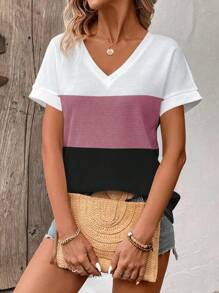 SHEIN LUNE Women's Vacation Casual Colorblock Patchwork Short Sleeve T-Shirt - Multicolor - View 4