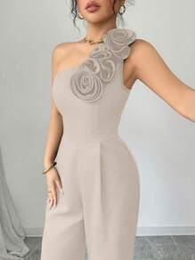 Rafferiza Tuta elegante da donna a colore uniforme, con colletto asimmetrico e fiori 3D, aderente