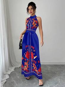 Elenzga 女士花卉印花腰部系带优雅挂脖度假连衣裙 - 藍色 - 查看 5