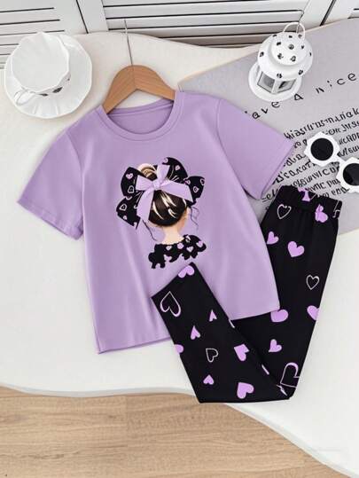 SHEIN Genkimix Kids Top con estampado de mariposas para niñas durante el Ramadán, camiseta casual rosa linda y vivaz con decoración de mariposas 3D, a juego con leggings negros, elegante patrón de corazón para el Día de San Valentín, adecuado para usar tanto en interiores como en exteriores
