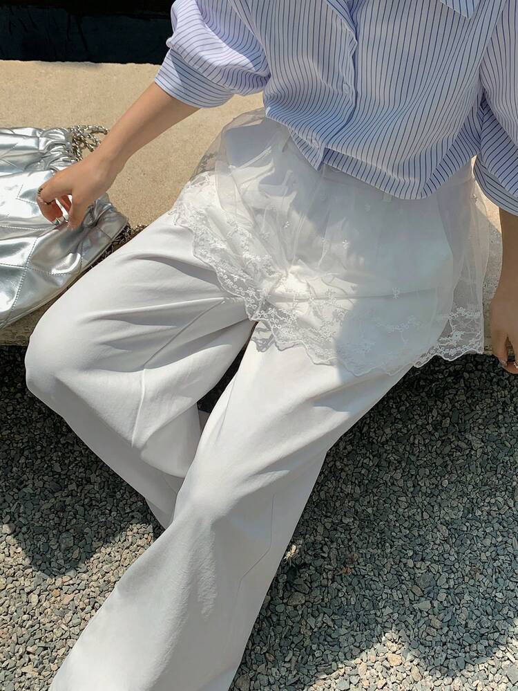 Women's Lace Splice 2 In 1 Skirt, Decorated Casual Straight Leg Loose Pants