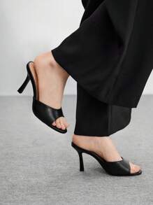 CUCCOO BIZCHIC Women's Classic Black PU Leather Mules Comfor Versatile High Heels Sandals, Suitable For Commuting, Dating, Party, Wedding, Holiday - Black - View 2