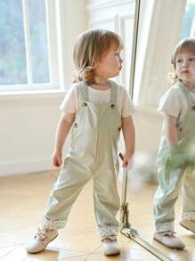SHEIN Baby Girl Spring/Summer Mint Green Casual Pants, Ditsy Floral Patched Ankles, Countryside Style Jumpsuit - Mint Green - View 6