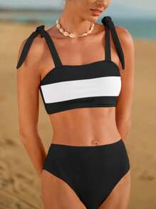 Swim Mod Contrasting Color Splicing Bikini Swimsuit For Summer Beach Vacation - Black and White - View 5