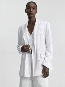 Ontre 2025 新款时尚休闲条纹西装外套，节日风格条纹白色亚麻衬衫，双排扣长袖女士轻便西装外套，春季 - 白色 - 查看 5