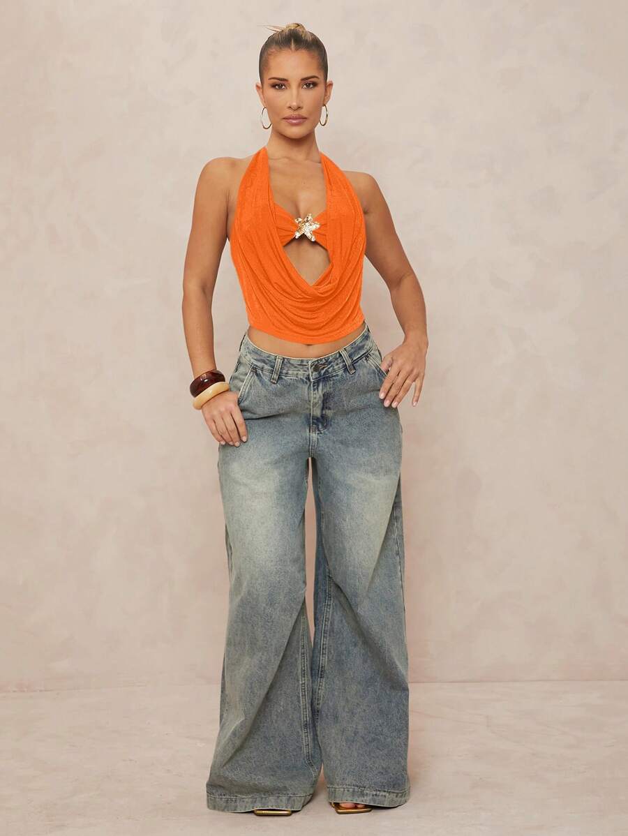 Lumalex 女式前扭金属花卉装饰深垂领垂领紧身上衣 - 橘色 - 查看 1