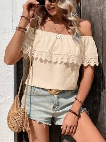 Breezaya Resort Casual Solid Color Off-Shoulder Lace Trim Blouse - Apricot - View 4