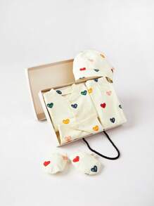 Cozy Pixies 5pcs/Set Newborn Baby Girl Gifts - Heart Pattern Knitted Soft Crew Neck Sweater, Footed Pants, Hat, Bib, Gloves In Gift Box - Apricot - View 12