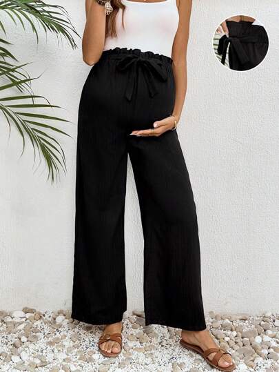 SHEIN Maternity Solid Color Knotted Waist Loose Wide Leg Casual Pants