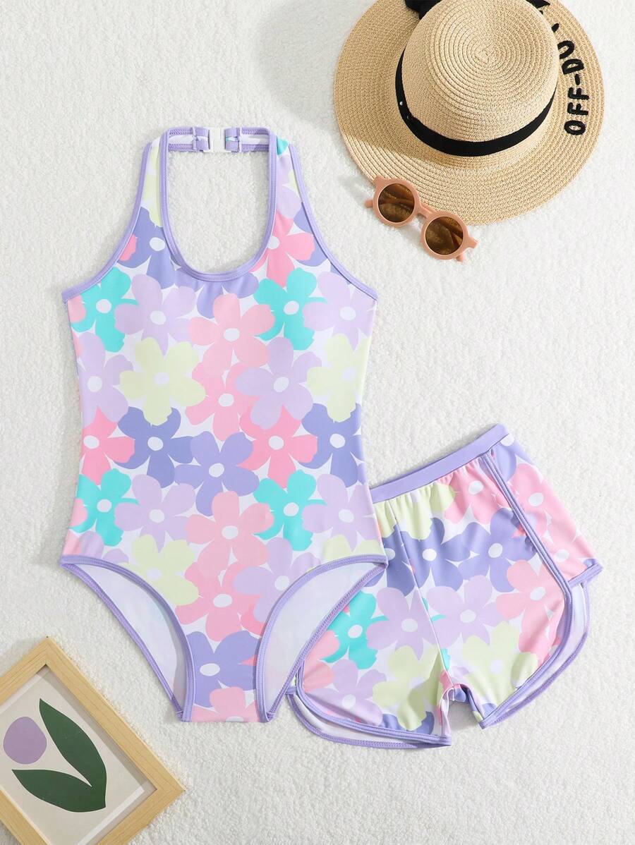 SHEIN Tween Girls Floral One-Piece Swimsuit Swimming Suits For Girls - Multicolor - View 1